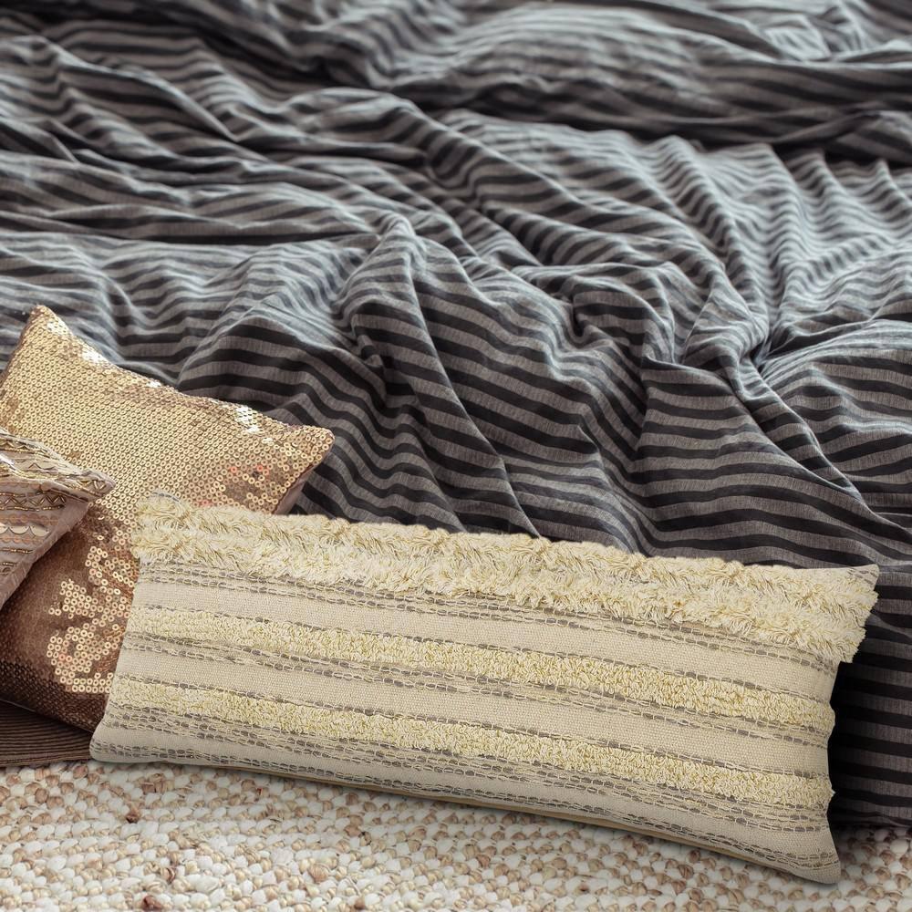 ZeaZu 14" X 36" Cream Gray And Gold 100% Cotton Striped Zippered Pillow