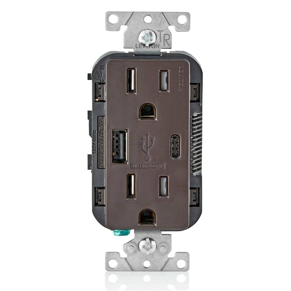 Leviton T5633-B Decora USB Type-A/Type-C Wall Outlet Charger, 15A, Brown