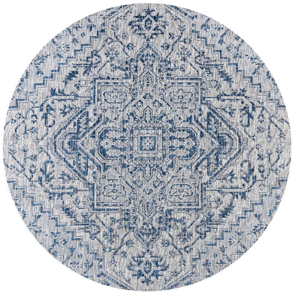 JONATHAN Y Estrella Bohemian Medallion Textured Weave Navy/Gray 9' Round Indoor/Outdoor Area Rug