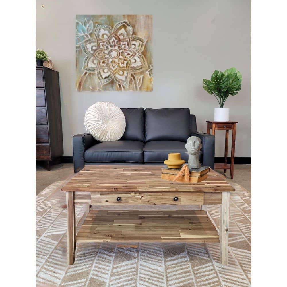 Solid Acacia Coffee Table with Drawer & Bottom Shelf Natural