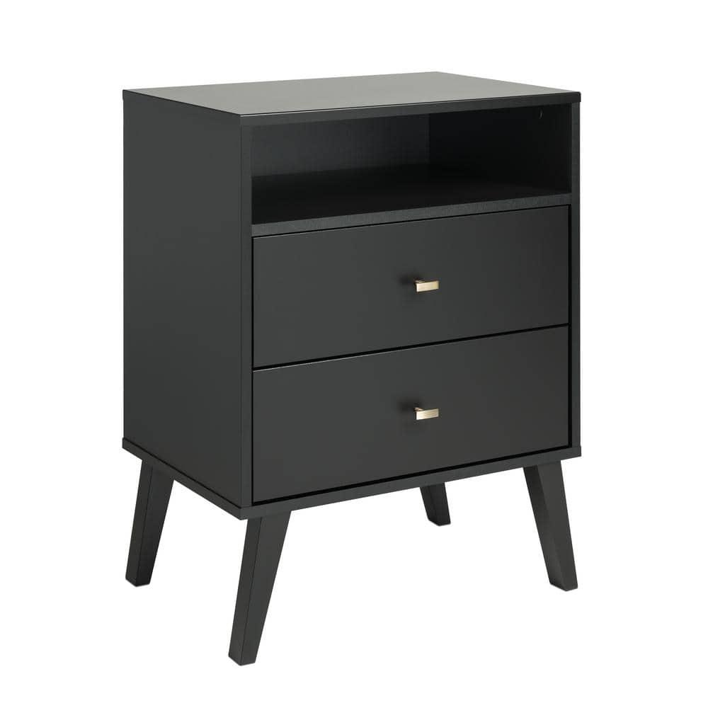 Mid Century Modern 2 Drawer Tall Nightstand with Shelf Black - Prepac: Brushed Brass Knobs, Wood Legs
