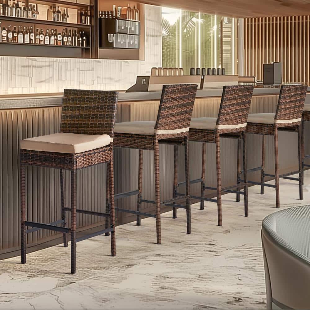 Off-white Cushioned Iron and Rattan Outdoor Bar Stools, Set of 2