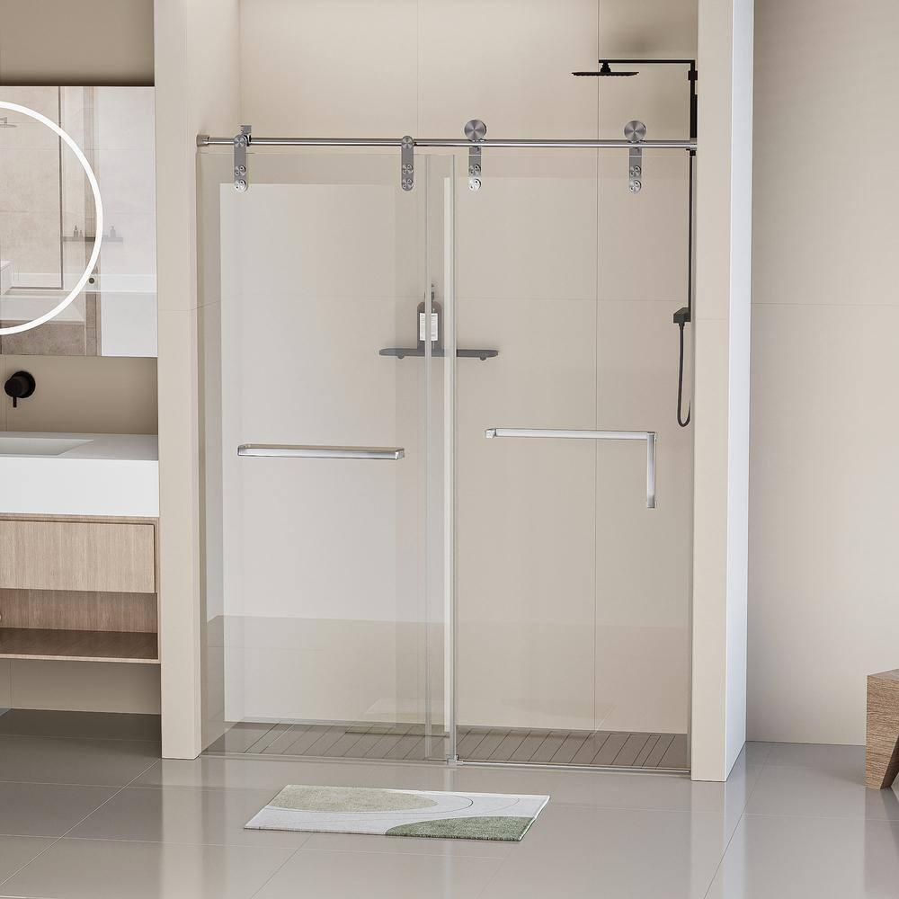 Frameless Single Sliding Shower Door, 5/16" (8Mm) Clear Tempered Glass With Explosion-Proof Film, Brushed Nickel Finish, Stainless Steel Hardware