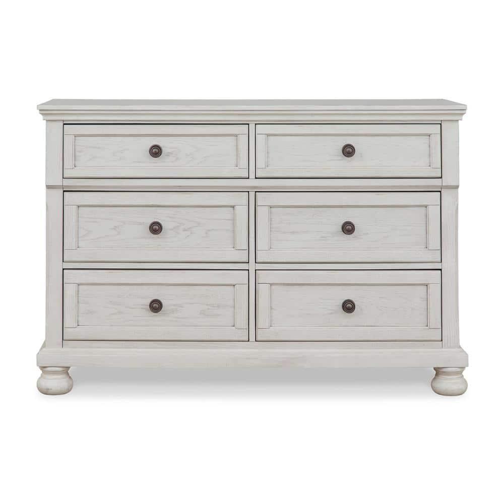 Lea 54 Inch Wide Dresser Chest, 6 Gliding Drawers, Wooden Bun Feet, White