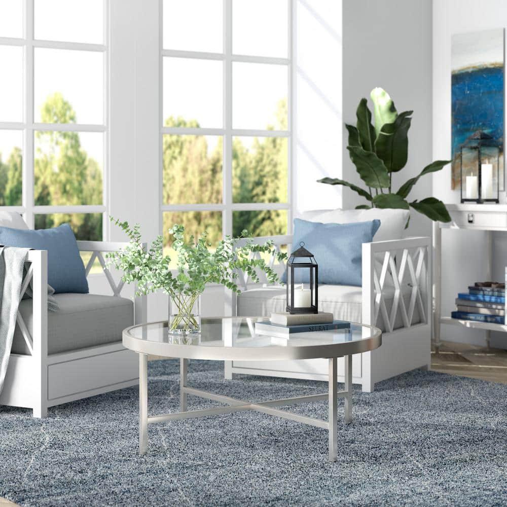 Evelyn&Zoe Xivil 36" Wide Round Coffee Table with Glass Top, Satin Nickel