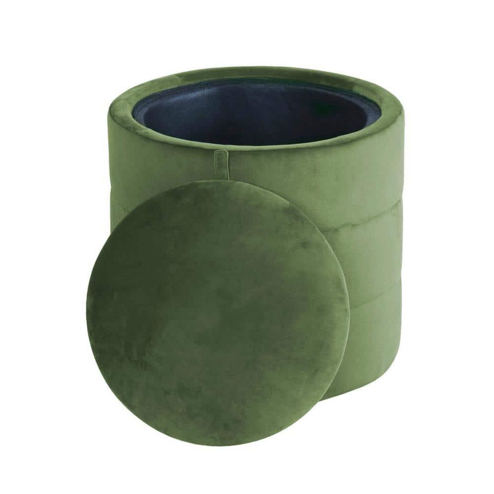 Storage Round Ottoman Green Velvet - HomePop: Upholstered Footstool, No Assembly, Polyester