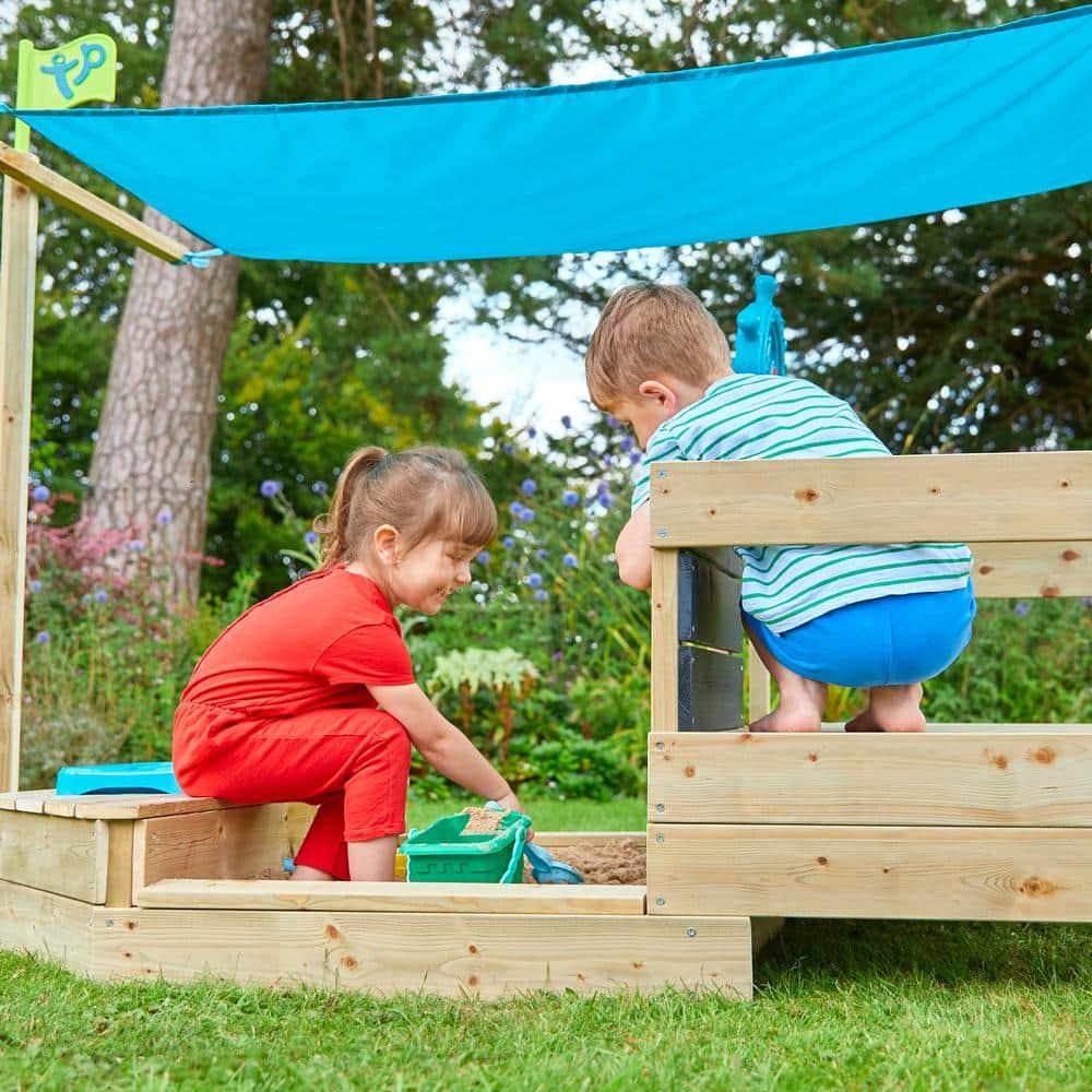 TP Ahoy Wooden Sandbox Pirate Ship Play Boat with Canopy – Kids Outdoor Sand & Water Toy with Captain’s Wheel, Blackboard, Splash Bowl & Storage | FSC Certified | Compact & Space-Saving Design