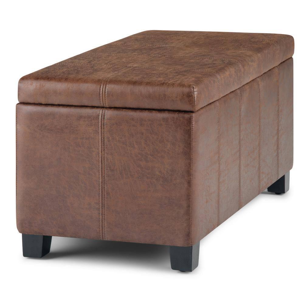 Simpli Home Dover Faux Leather Storage Ottoman Bench in Umber Brown