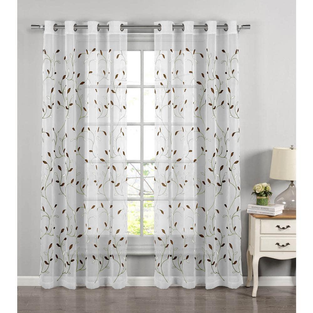 Grommet Curtain Panel, Embroidered Sheer Extra-Wide, Brown 54" x 84"