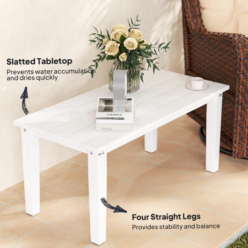 Outsunny HDPE Outdoor Coffee Table, Rectangle All-Weather Patio Coffee Table, Slatted Outdoor Patio Table for Garden, Balcony, Backyard, White