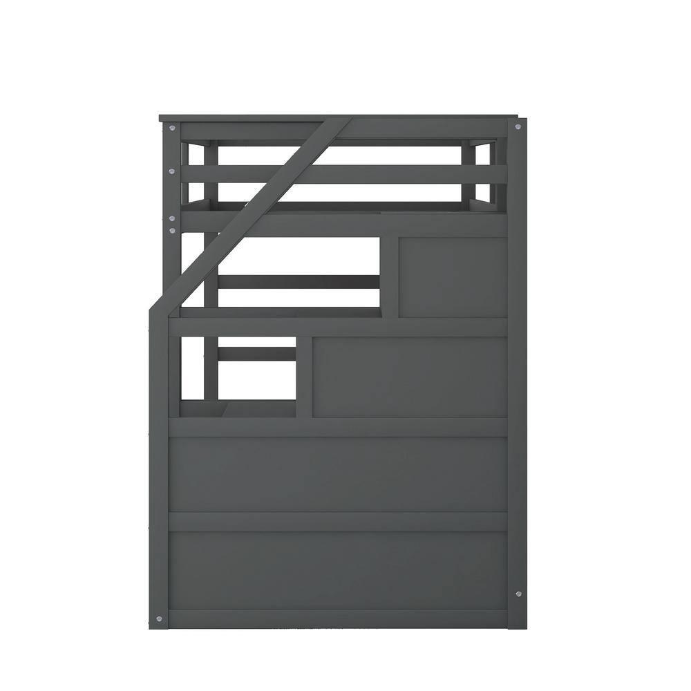 Gray Twin Over Twin Pine Wood Bunk Bed with Trundle and Storage Stairs