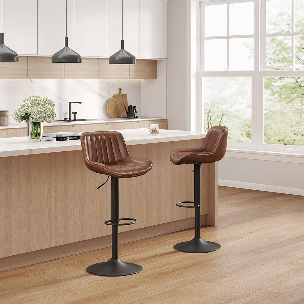 Art Leon Rustic Bar Stools Set of 2, Faux Leather with Backrest Chrome Legs, Upholstered Swivel Kitchen Stools, Cognac