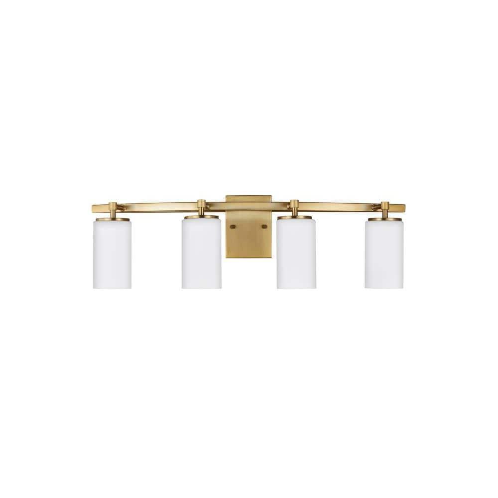 Alturas 30.5 in. 4-Light Satin Brass Modern Contemporary Wall Bathroom Vanity Light with Satin Etched Glass Shades