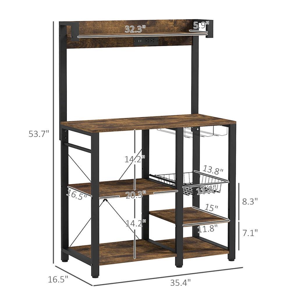 HOMCOM Industrial Kitchen Bakers Rack with Charging Station, RGB Lights, Glass Holders and Open Shelves, Rustic Brown