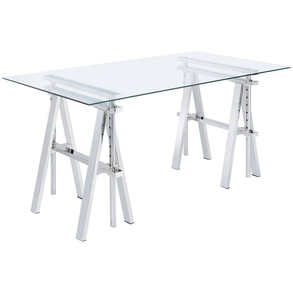 Statham Glass Top Adjustable Sawhorse Standing Desk Chrome - Coaster: Industrial Style, Manual Height Adjustability