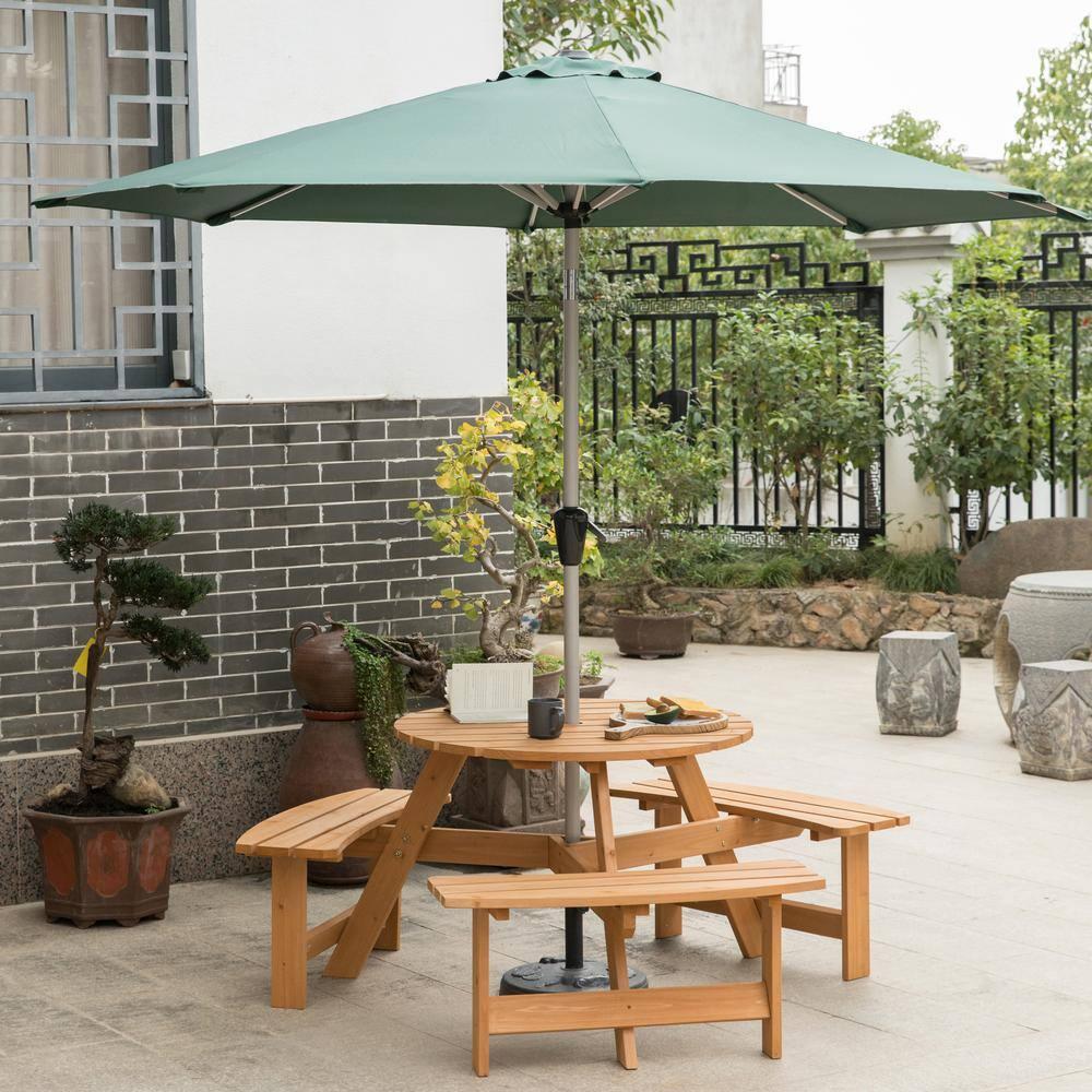 Gardenised Wooden Outdoor Round Picnic Table with Bench for Patio, 6- Person with Umbrella Hole - Stained