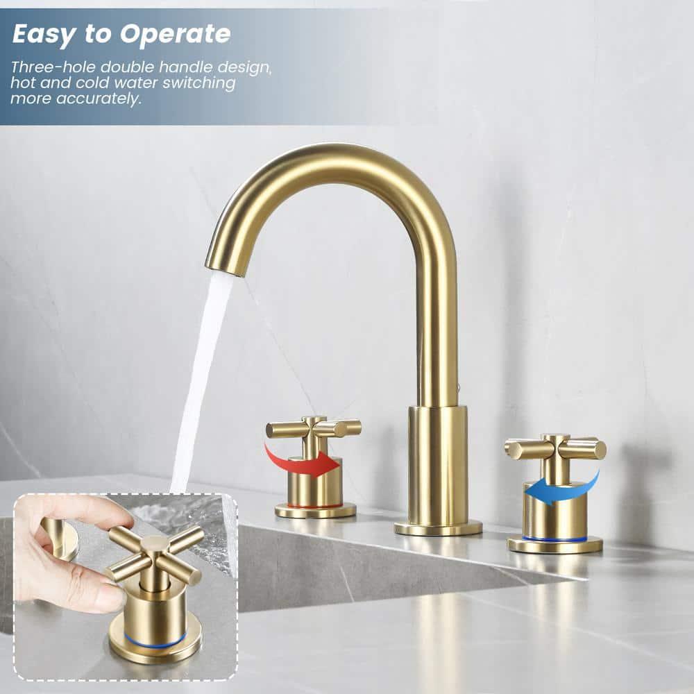GXCROR Bathroom Faucets for Sink 3 Hole,2-Handle 8 inch Widespread Bathroom Sink Faucet with Pop Up Drain, Brushed Gold Basin Faucet Mixer Taps