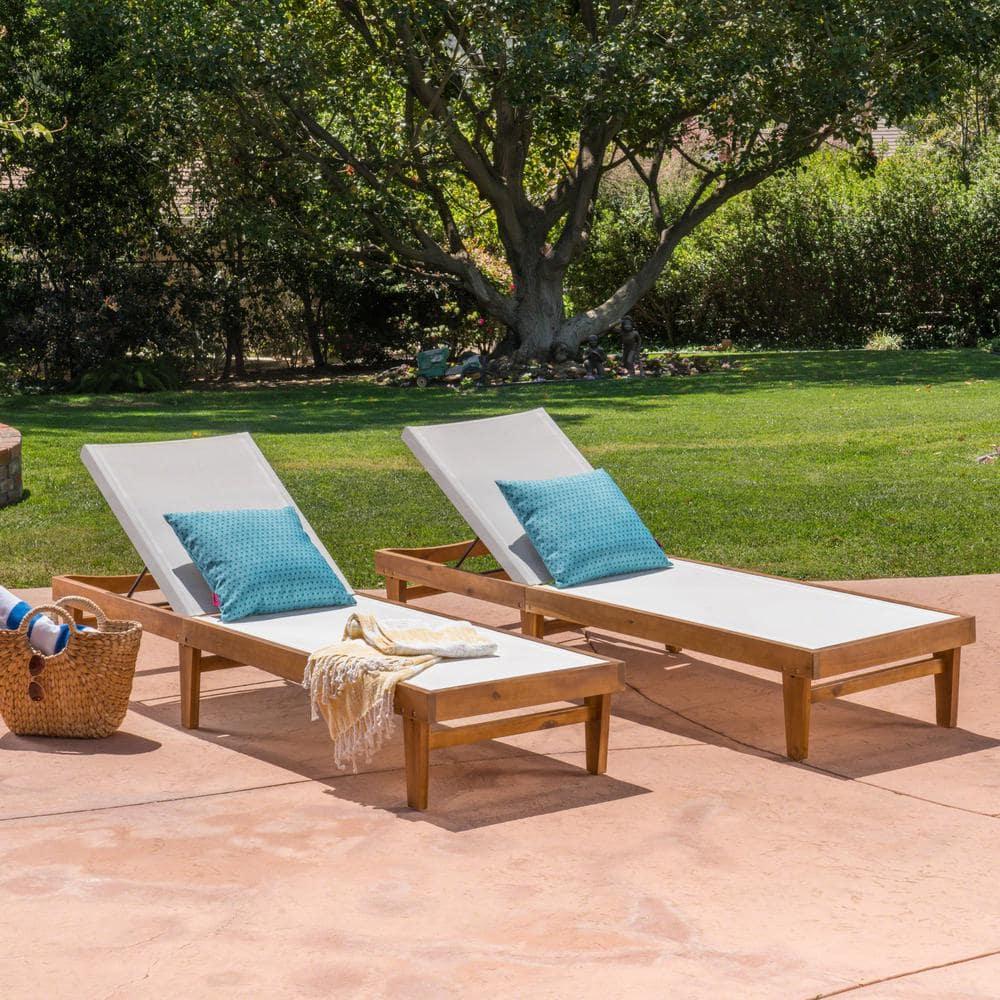 Christopher Knight Home Summerland Outdoor Mesh and Acacia Wood Armless Adjustable Chaise Lounges (Set of 2), White/Teak