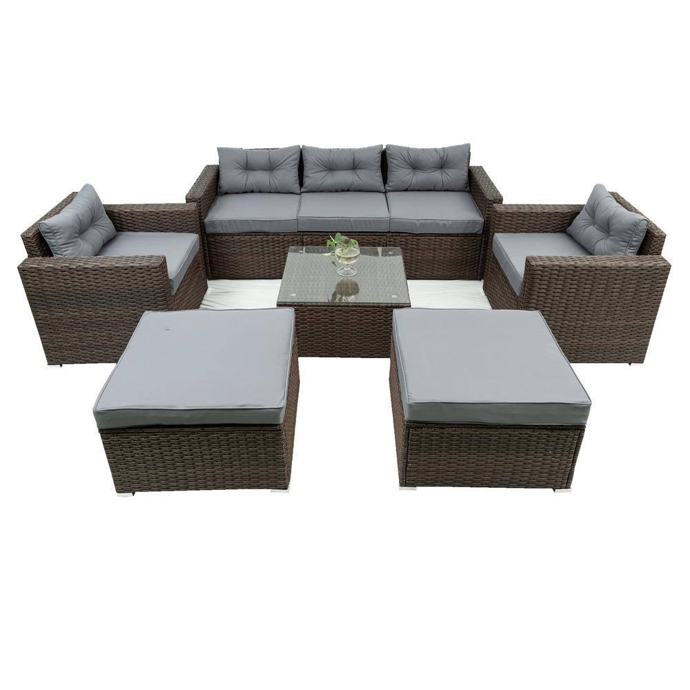 6-Piece Gray Cushioned Rattan Wicker Outdoor Sofa Set