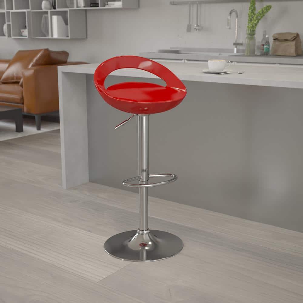 Flash Furniture Contemporary Red Plastic Adjustable Height Barstool with Rounded Cutout Back and Chrome Base