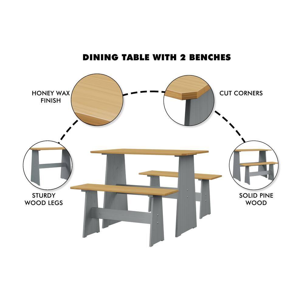 Urban Home Furniture Chapman 3 Piece Casual Dining 2-Tone Natural/Grey Solid Pine Wood Kitchen Table Set with 2 Benches, Kitchen Dining Set