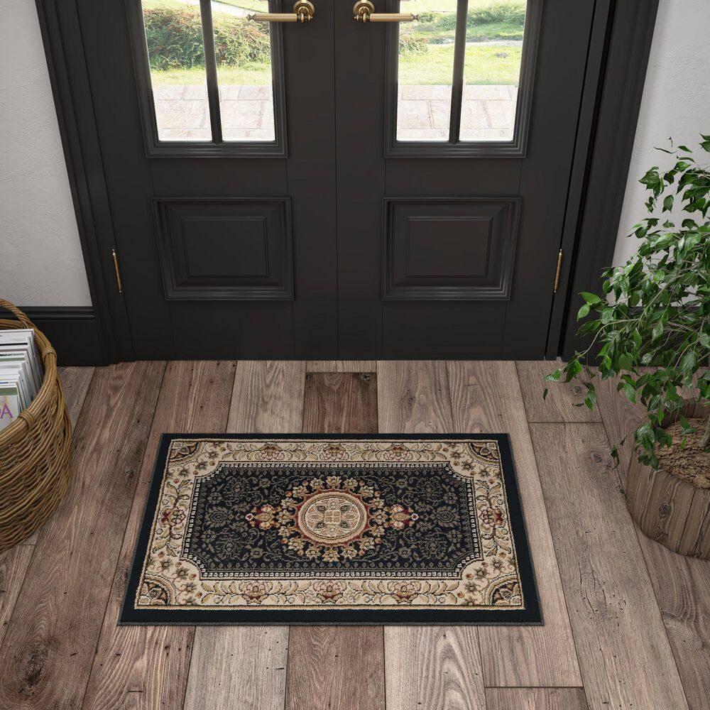 Tayse Sensation 2 x 3 (ft) Loomed Polypropylene Black Rectangular Indoor Floral/Botanical Oriental Throw rug