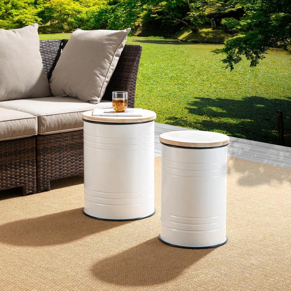White Metal and Wood Farmhouse Storage Accent Stools, Set of 2