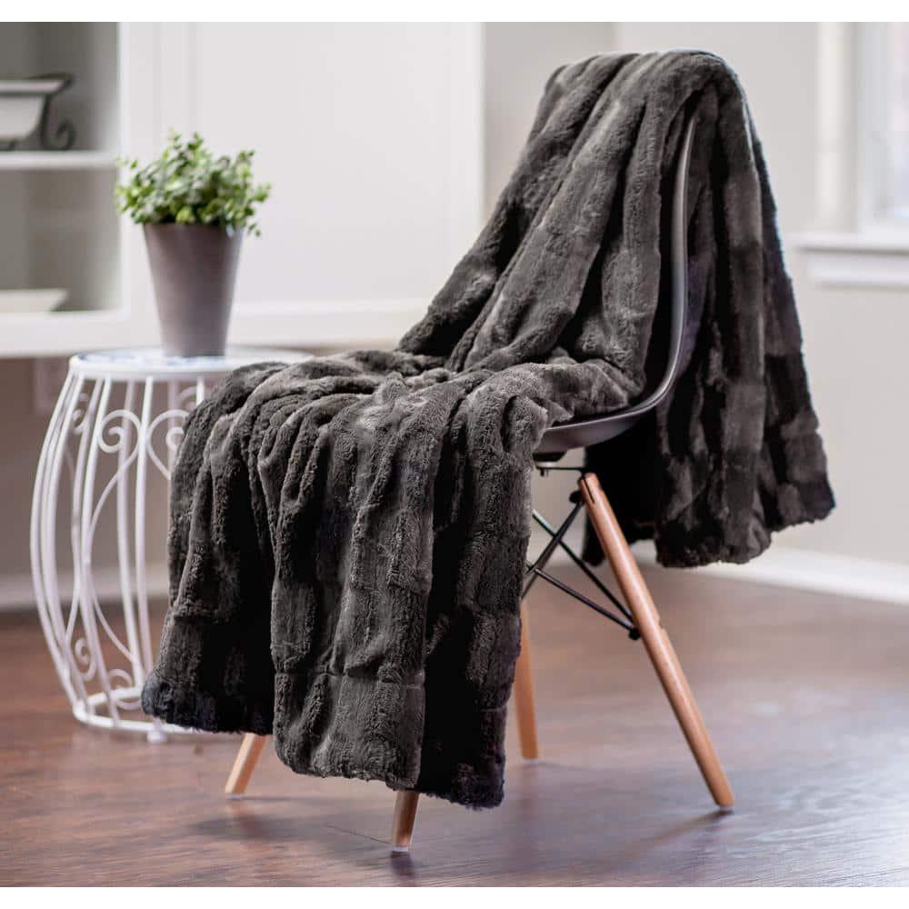 Chanasya Super Soft Fuzzy Faux Fur Elegant Rectangular Embossed Throw Blanket | Fluffy Plush Sherpa CozyGrey Microfiber Blanket for Bed Couch Living Room Fall Winter Spring (50" x 65") - Dark Grey