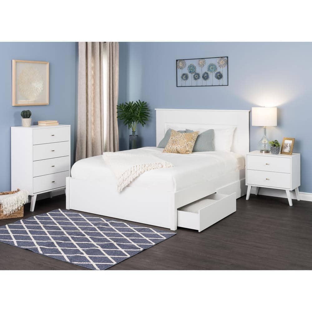 Mid Century Modern 2 Drawer Wide Nightstand White - Prepac: Sleek Bedside Table, Tapered Legs