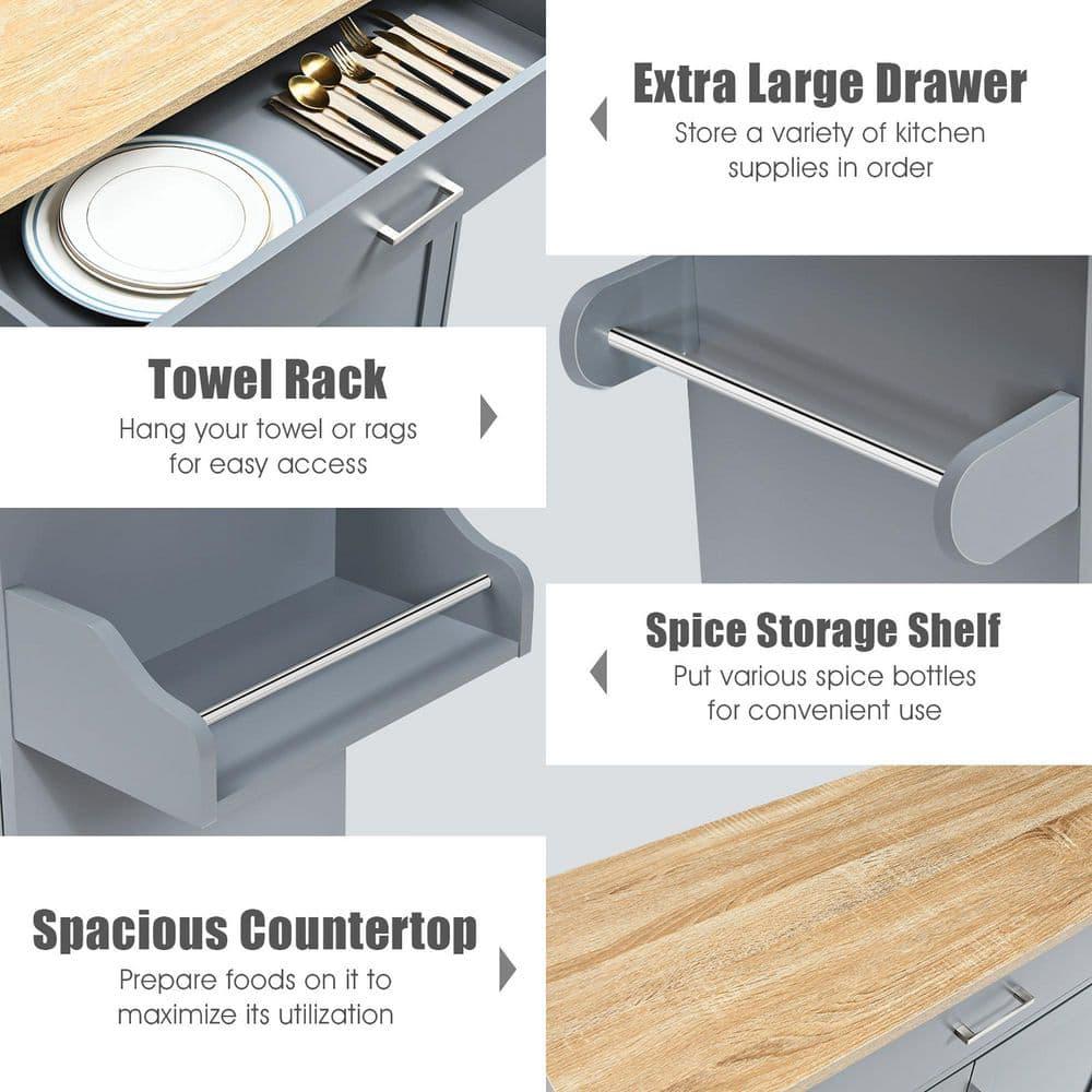 Costway Kitchen Island 44" Rolling Kitchen Cart with Drawer Adjustable Shelf Spice Rack Gray