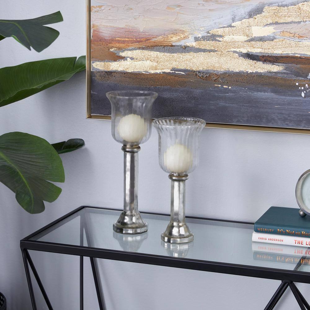 DecMode 2-Slot Silver Glass Pillar Hurricane Lamp with Faux Mercury Glass Finish, Set of 2