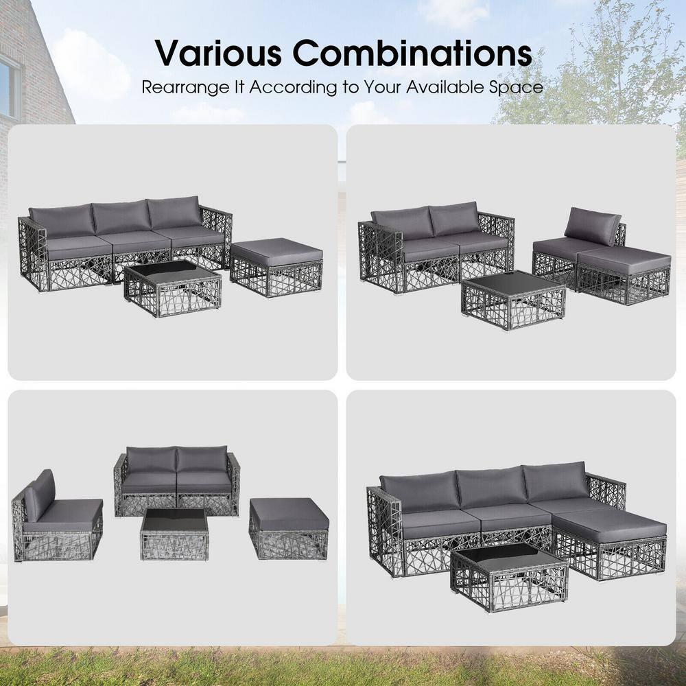 Costway 5 Pieces Patio PE Rattan Wicker Sofa Furniture Set Cushioned  Outdoor Grey