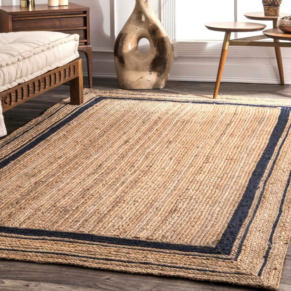 Nuloom Rikki Bordered 4x6 Jute Indoor Area Rug for Dining Room Rug Neutral Rug Living Room Rug Kitchen, Navy/Natural