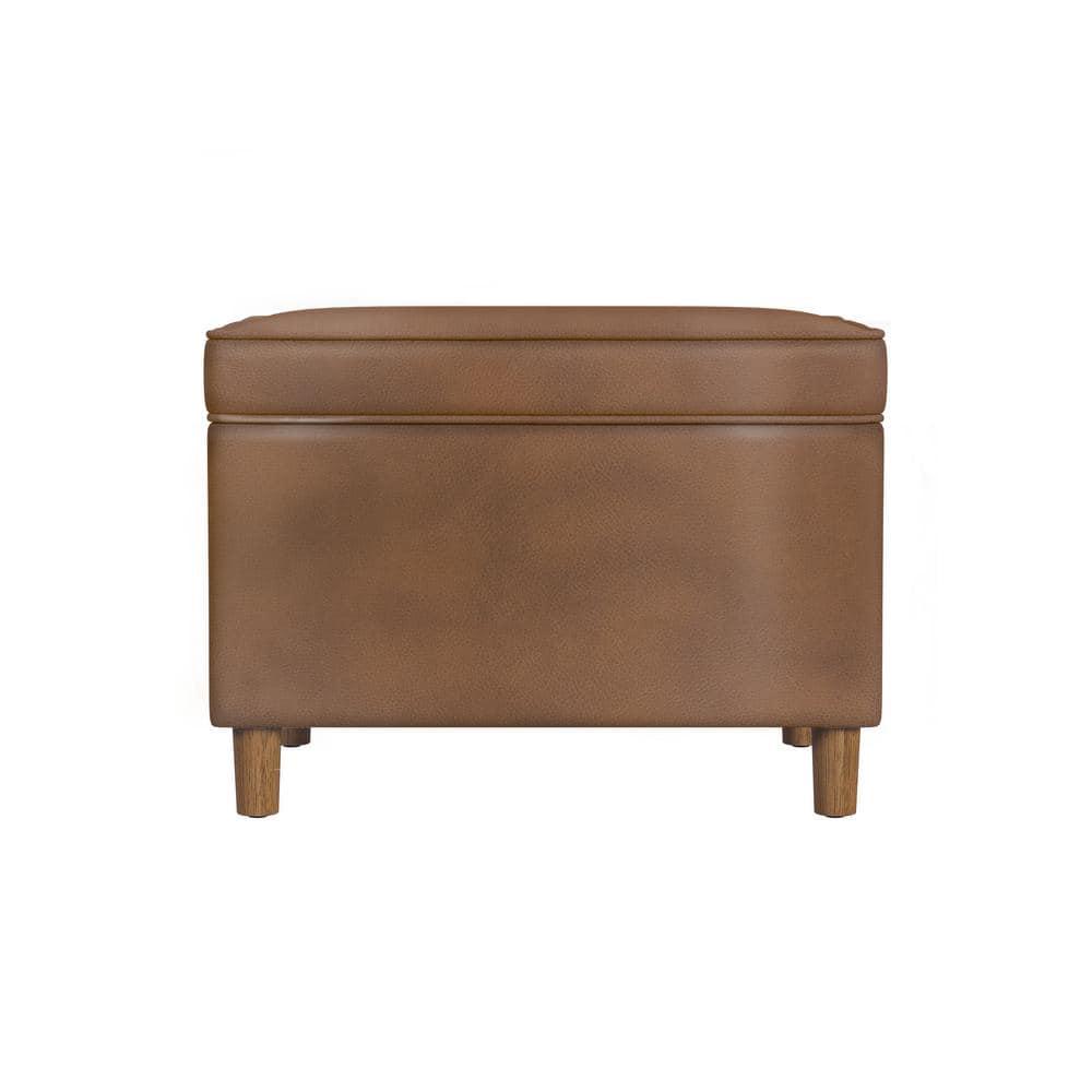 24" Dinah Storage Ottoman Brown Faux Leather - HomePop: Honey Oak Legs, Soft-Close Hinge, Footstool