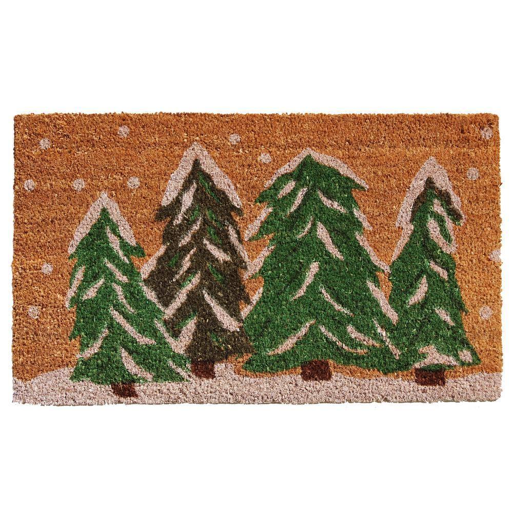 HomeRoots 17" X 29" Natural and Green Coir Christmas Trees Outdoor Christmas Door Mat