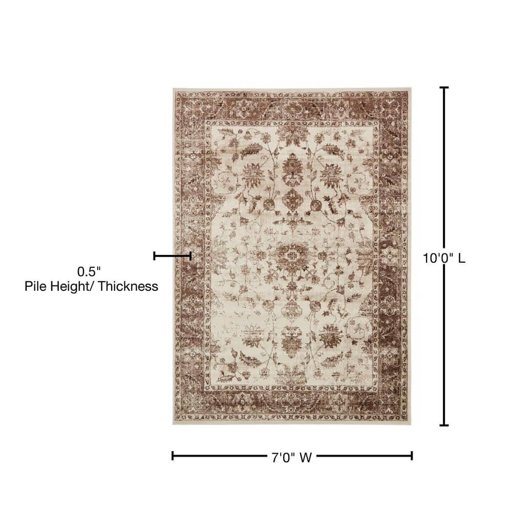Ivory and Brown Synthetic Stain-Resistant Rectangular Area Rug