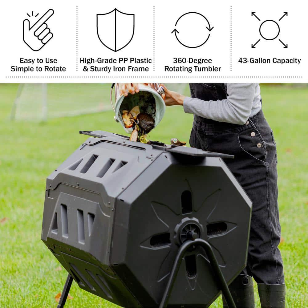 Pure Garden Compost Tumbler - 43Gal Compost Bin with Dual Chambers, 360-Degree Rotating Design, and Garden Gloves Included - Homesteading Supplies
