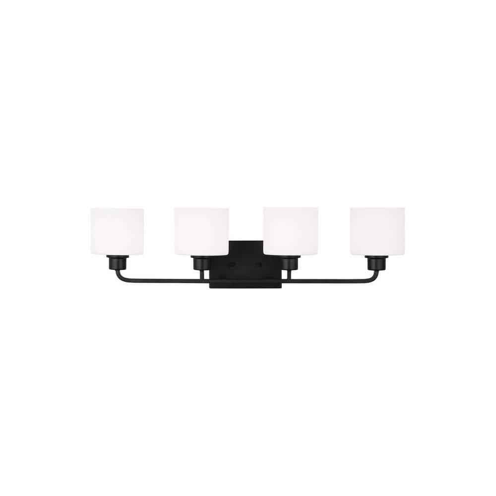 Canfield 31 in. 4-Light Midnight Black Minimalist Modern Wall Bathroom Vanity Light with Etched White Glass Shades