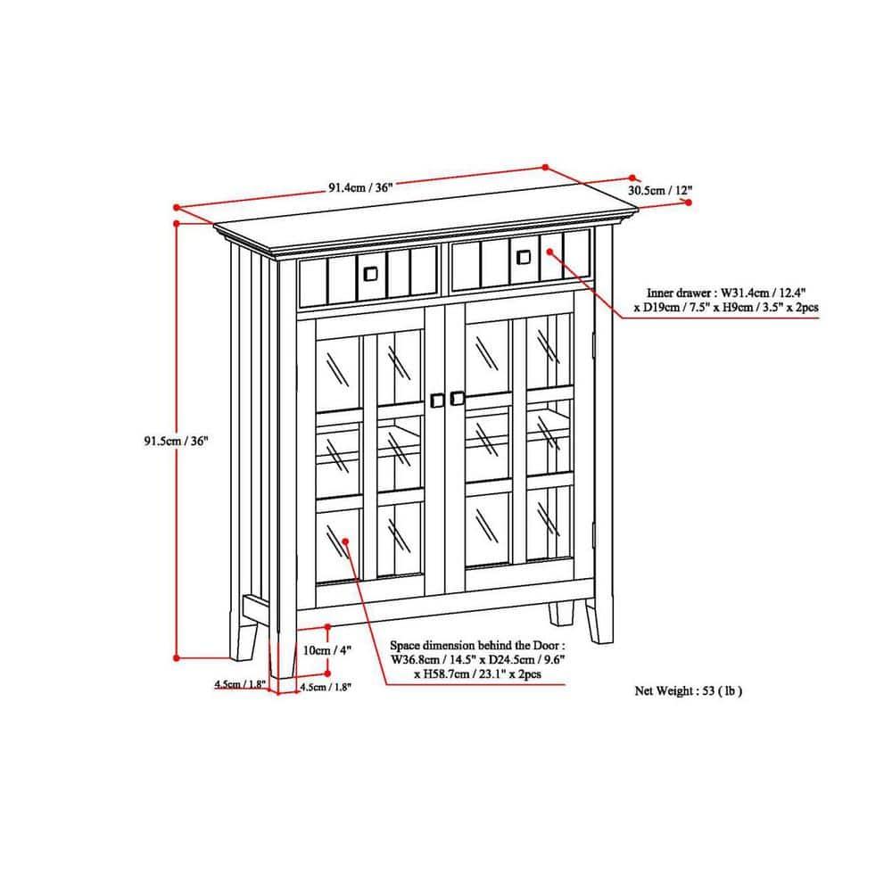 Simpli Home Acadian 36"W Solid Wood 2-Shelf Entryway Storage Cabinet with Glass Doors and 2 Drawers