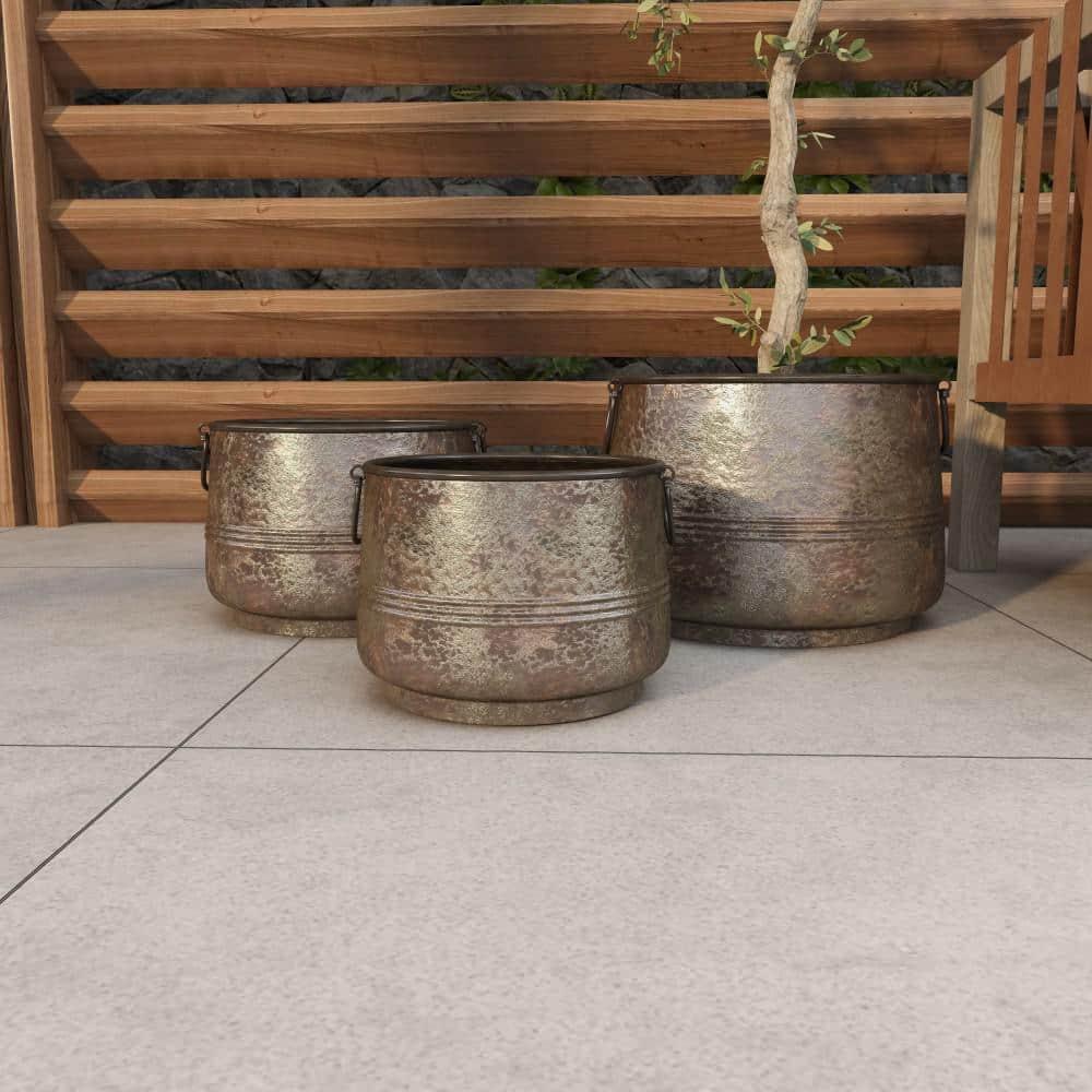 Gracie Oaks Cowden 3 Piece Metal Distressed Bucket Style Indoor Outdoor Bronze Planter with Side Ring Handles Set