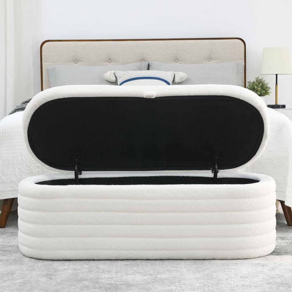 Modern Oval Storage Ottoman Bench, Upholstered Boucle Teddy Fabric End Of Bed Bench With Storage, End Of Bed Stool With Safety Hinge For Bedroom, Living Room, Entryway