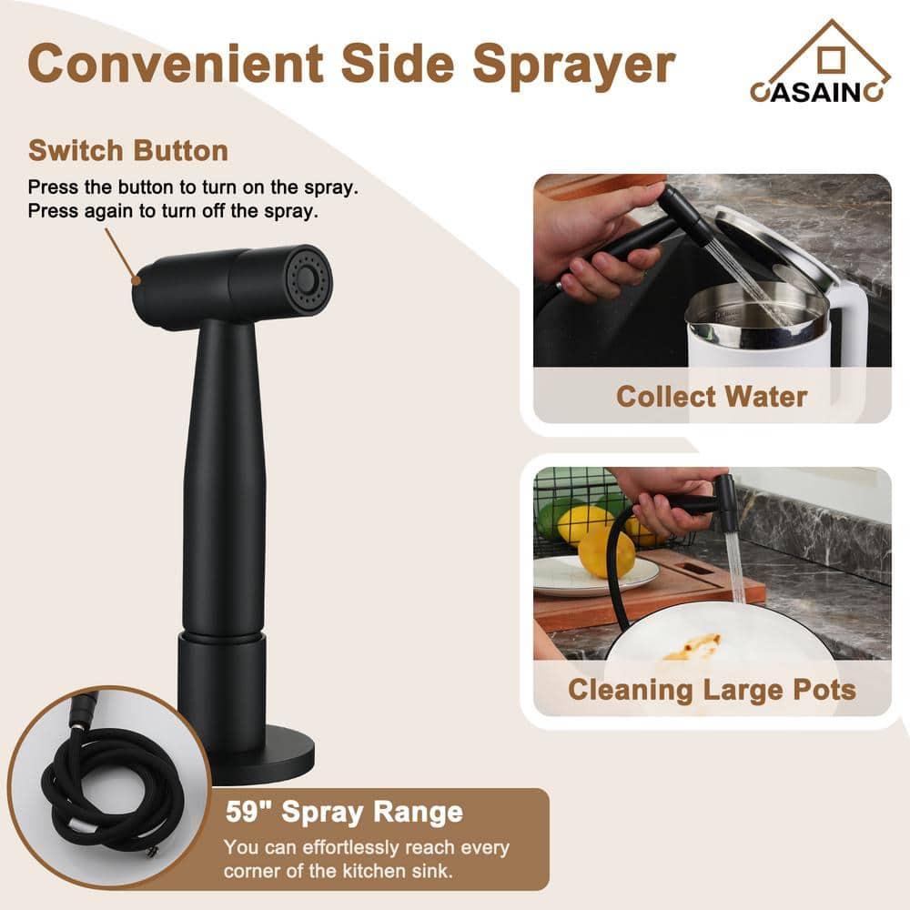 Double Handle Bridge Kitchen Faucet with Side Sprayer in Matte Black