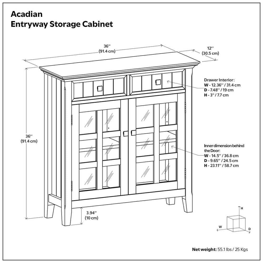 Simpli Home Acadian 36"W Solid Wood 2-Shelf Entryway Storage Cabinet with Glass Doors and 2 Drawers