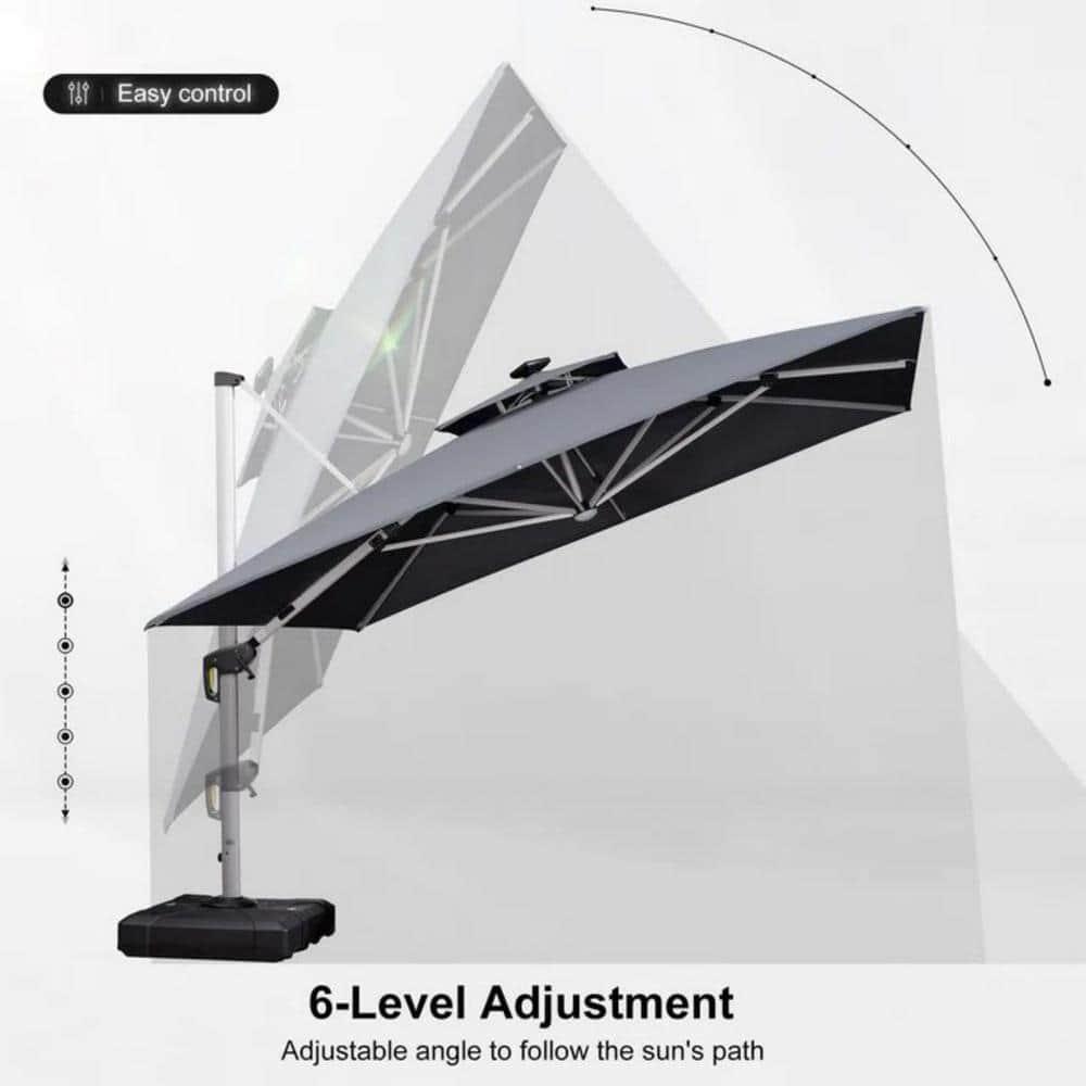 PURPLE LEAF 11FT Square Double Top Deluxe Solar Powered LED Patio Umbrella Outdoor Cantilever Umbrella, Gray