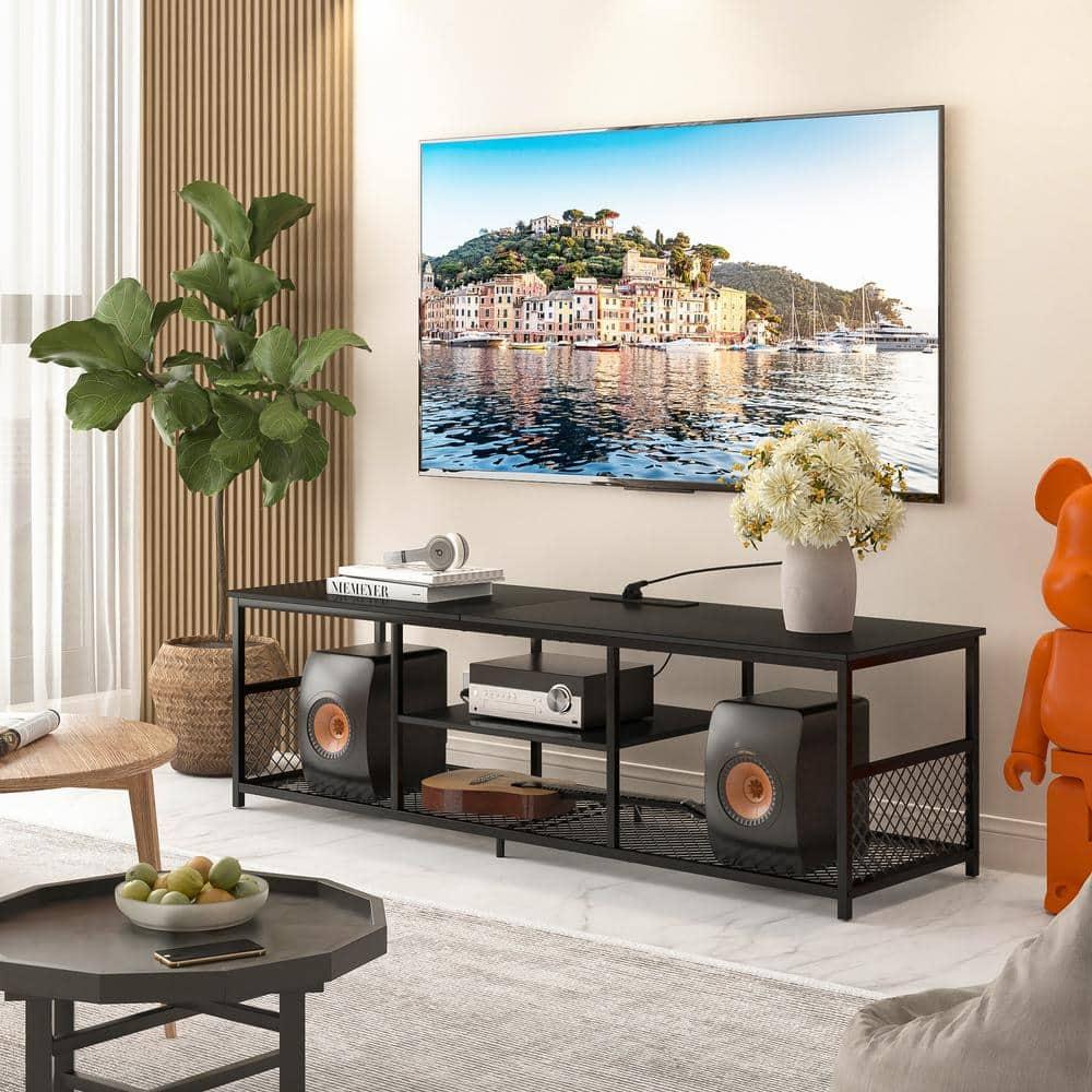 TV Stand with Power Outlets for Televisions up to 65", 55" Media Entertainment Center with 3-Tier Open Shelves Black
