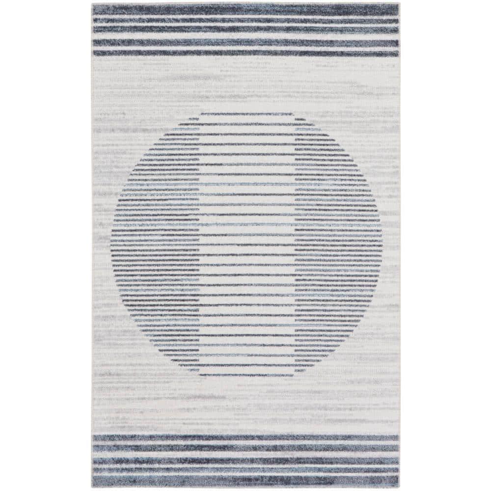 Nourison Astra Machine Washable Stripe Circle Mid-Century Modern Indoor Rug Ivory Blue 2'2" x 4'