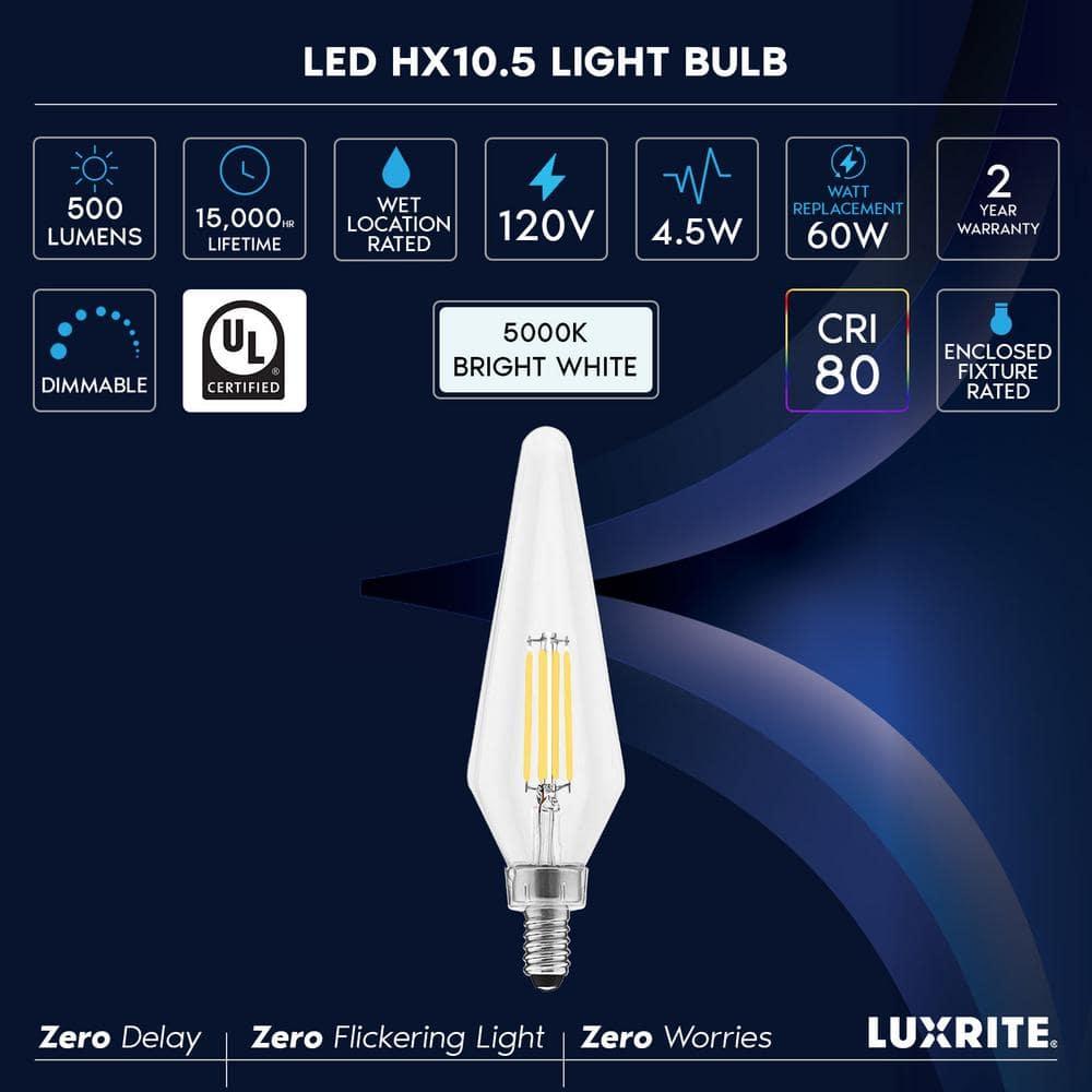 Luxrite E12 Candelabra LED Light Bulbs, 5000K, Dimmable, 4.5W, 500 Lumens, HX10.5 Glass, Wet Rated, UL Listed 12 Pack