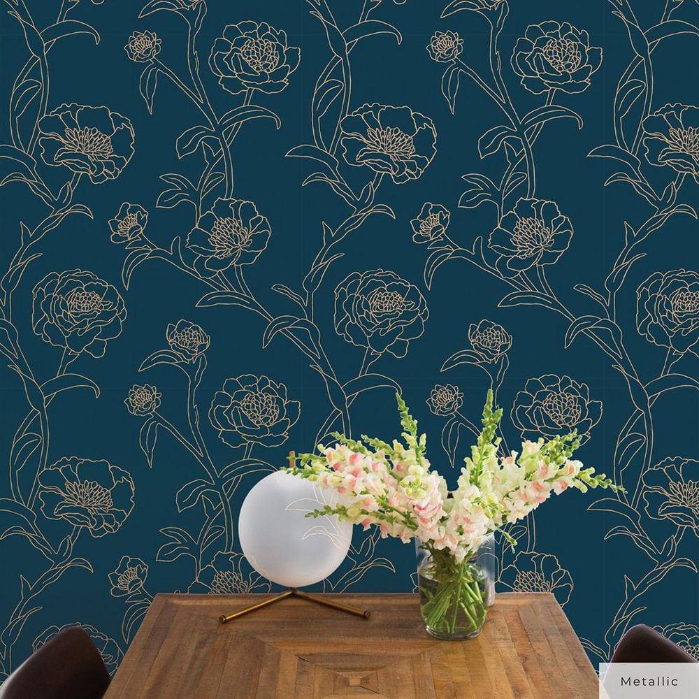 Tempaper & Co.® Peonies Removable Peel and Stick Wallpaper, Peacock Blue and Metallic Gold Floral, 28 sq. ft.: Vinyl Self-Adhesive