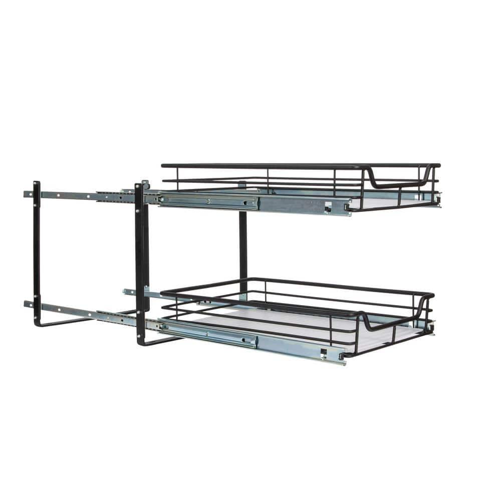 Glidez Multipurpose Paint-Finished Steel Pull-Out/Slide-Out Storage Organizer with Plastic Liners - Dual-Slide 2-Tier Design - Black