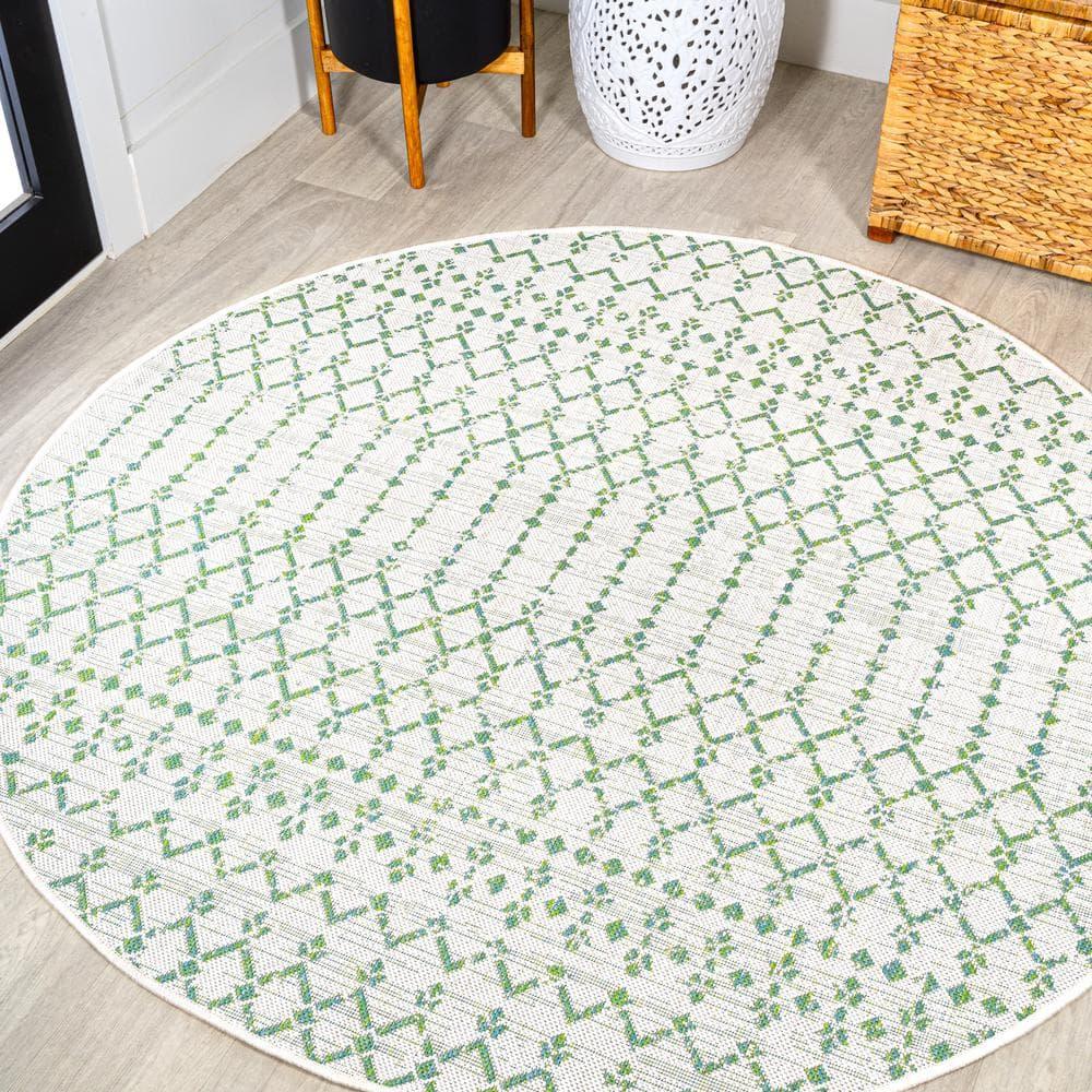 5' Round Ourika Moroccan Geometric Textured Weave Indoor/Outdoor Area Rug, Green/Ivory - JONATHAN Y